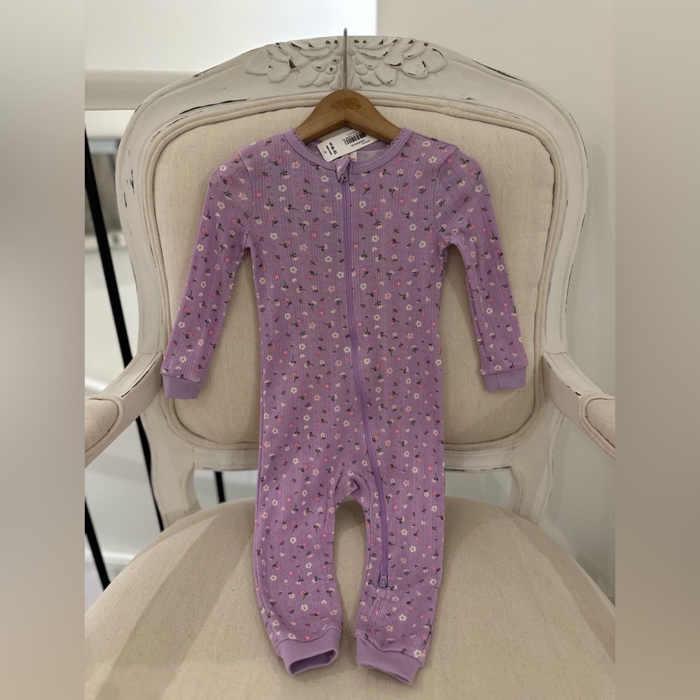 🤍 6~12 Mth Lilac Floral Zip-Front Kids One-Piece 100% Cotton Pointelle Knit NWT